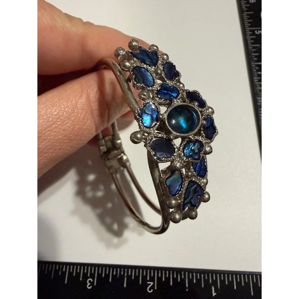 Abalone Shell Silver Tone Hinged Cuff Bracelet Blue Iridescent Boho Statement